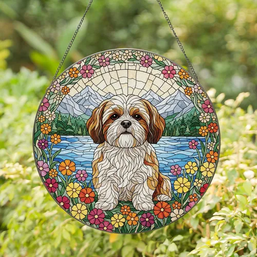 Fluffy Shih Tzu Dog Wildflower Snow-capped Mountain Lake - Home Decor for Dog Lovers Stained Glass Suncatcher