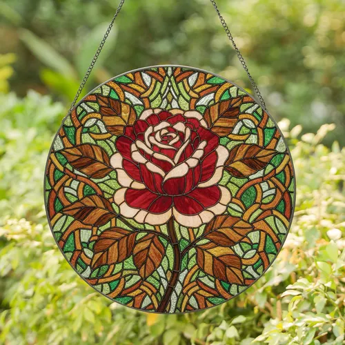 Bloomed Ruby Rose Spiraled Cream Petals Amber Leaf Botanical Tendril - Home Decor Gift for Garden Lover Stained Glass Suncatcher