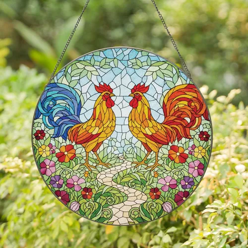 Two Roosters Garden Path Flowers - Home Decor Gift for Bird Lover Stained Glass Suncatcher