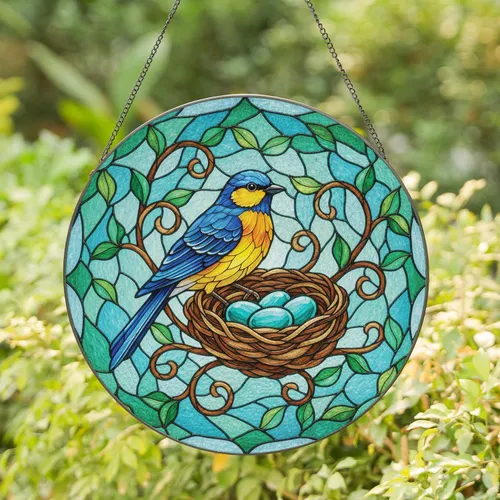 Songbird Nest Turquoise Eggs Intertwined Leaves Branches - Home Decor Gift Stained Glass Suncatcher
