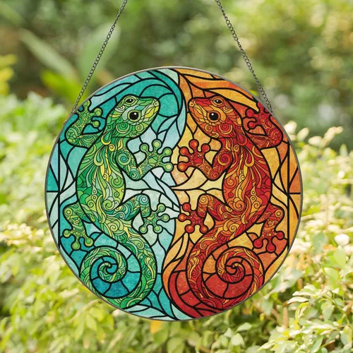 Two Gecko Floral Tribal Mosaic Organic Geometric - Wildlife Lover Home Decor Gift Stained Glass Suncatcher