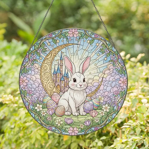 Easter Bunny Fairytale Castle Crescent Moon - Easter Home Decor Gift Stained Glass Suncatcher