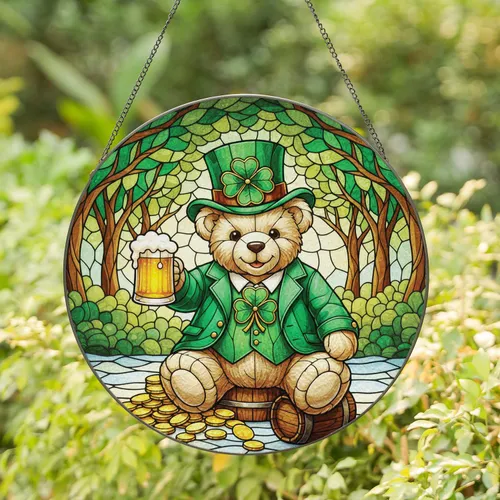 Teddy Bear Leprechaun Hat Beer Mug Clover Coins - St Patricks Day Home Decor Gift for Beer Lovers Stained Glass Suncatcher