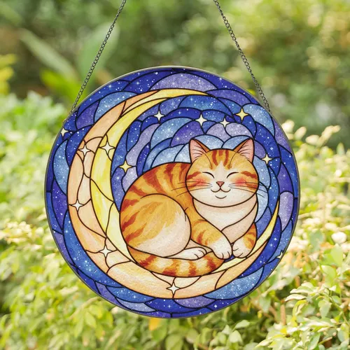 Serene Plump Cat Crescent Moon Night Sky - Celestial Home Decor Gift for Cat Lover Stained Glass Suncatcher