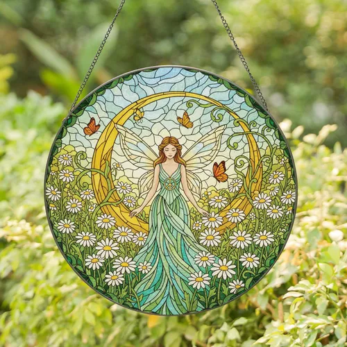 Graceful Fairy Peace Symbol Daisy Meadow - Home Decor Gift for Fairy Lover Stained Glass Suncatcher
