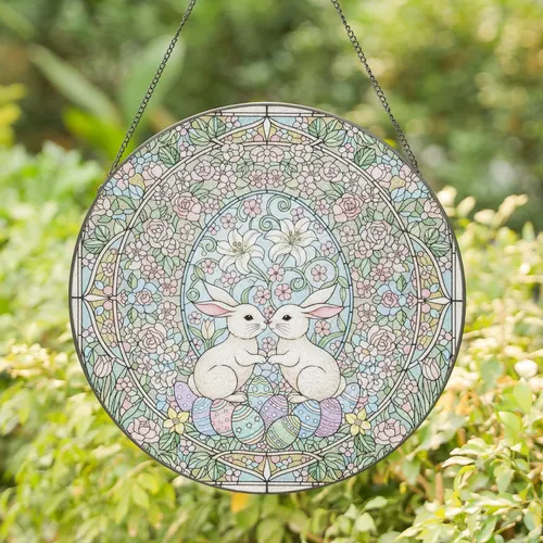 Easter Bunnies Floral Egg Pastel Eggs Spring Wreath - Easter Home Decor Gift Stained Glass Suncatcher