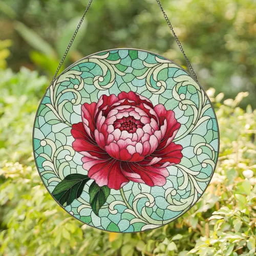 Peony Flower Swirling Botanical Foliage Garden View - Home Decor Gift for Flower Lover Stained Glass Suncatcher