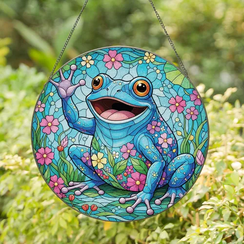 Waving Blue Frog Aquatic Floral - Home Decor Gift for Frog Lover Stained Glass Suncatcher