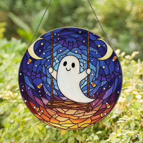 Swinging Ghost Bat Moon Candy Corn Night Sky Halloween Home Decor Gift Stained Glass Suncatcher