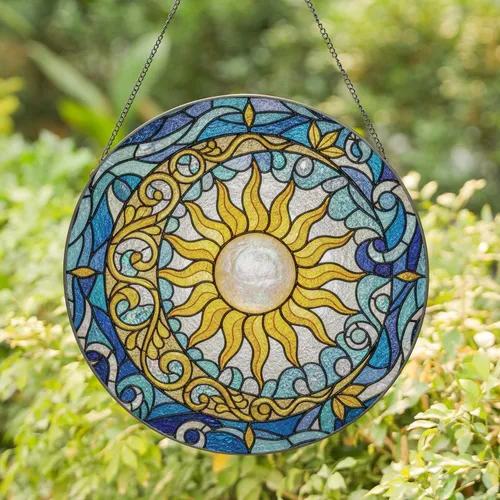 Radiant Golden Sun Pearl Core Iridescent Moon Celestial Decor - Home Decor Gift Stained Glass Suncatcher