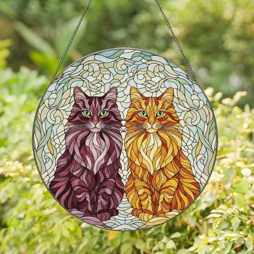 Two Long Haired Tabby Cats Swirling Lines Mosaic - Devoted Cat Lover Home Decor Gift Stained Glass Suncatcher