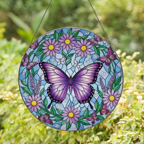 Purple Butterfly Floral Garland Daisy Mosaic - Home Decor Gift for Nature Lover Stained Glass Suncatcher