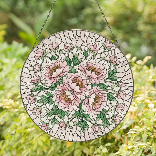 Tiffany Stained Glass Peony Flowers Leaves - Home Decor Gift for Garden Lover Stained Glass Suncatcher