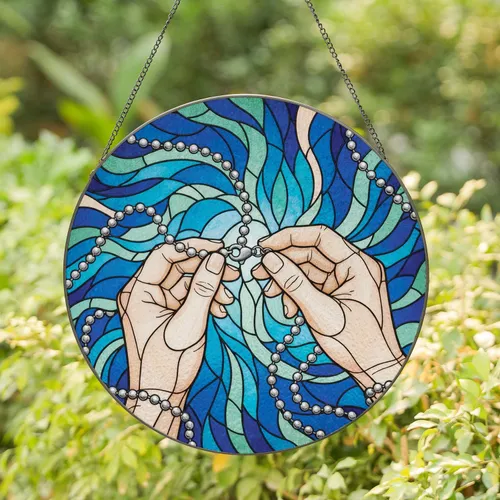 Stained Glass Hands Connecting Ball Chain Swirling Light Shapes - Home Decor Gift Stained Glass Suncatcher