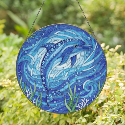 Blue Dolphin Iridescent Bubbles Ocean Mosaic - Home Decor Gift for Wildlife Lover Stained Glass Suncatcher