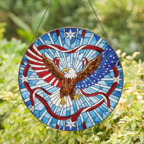 Soaring Bald Eagle American Flag - Independence Day Gift for Veterans Stained Glass Suncatcher