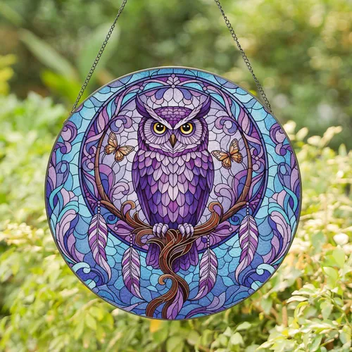 Great Horned Owl Dreamcatcher Frame - Wildlife Home Decor Gift for Owl Lover Stained Glass Suncatcher