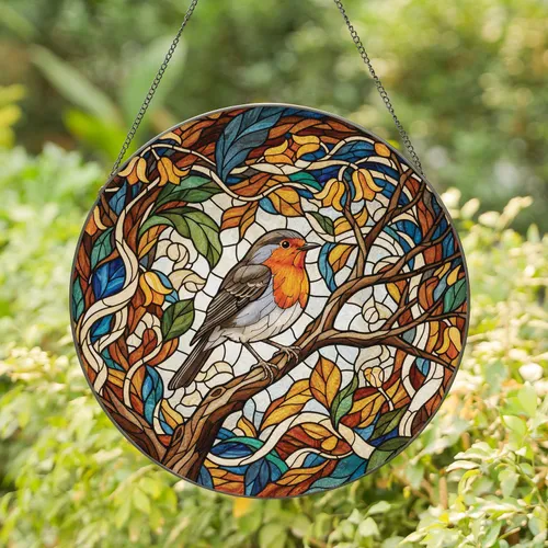 Robin Stained Glass Foliage Branch - Home Decor Gift for Bird Lover Stained Glass Suncatcher