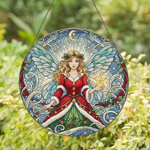 Christmas Fairy Golden Star Holly Wreath - Festive Holiday Home Decor Gift for Fantasy Lovers Stained Glass Suncatcher