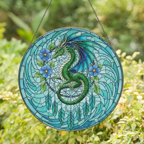 Majestic Dragon Dreamcatcher Floral Stained Glass - Home Decor Gift for Dragon Lover Stained Glass Suncatcher