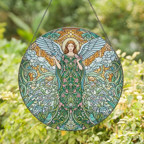 Stained Glass Angel Woman Birds Flowers Swirling Sky - Home or Window Decor Gift Stained Glass Suncatcher