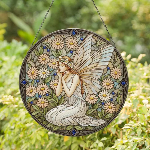 Contemplative Winged Fairy Botanical Floral Garden - Home Decor Gift for Fairy Lover Stained Glass Suncatcher