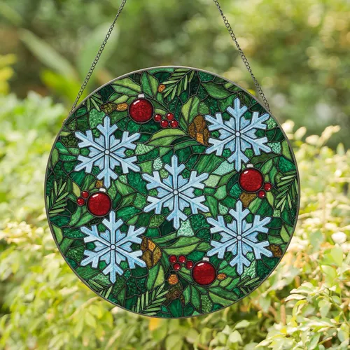 Snowflakes Spherical Ornaments Evergreen Foliage - Christmas Holiday Home Decor Gift Stained Glass Suncatcher