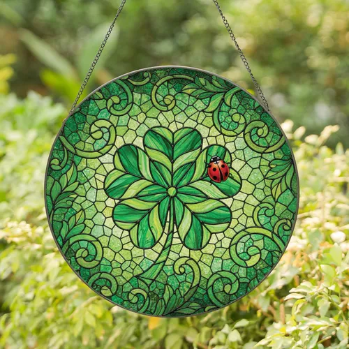 Four Leaf Clover Ladybug Green Foliage - Home Decor Gift for Garden Lover Stained Glass Suncatcher