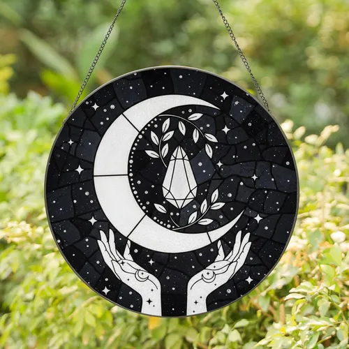 White Crescent Moon Crystal Hands Stars Cosmic Background - Home Decor Gift Stained Glass Suncatcher