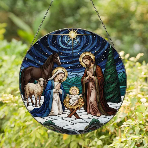 Nativity Scene Holy Family Manger - Christmas Decor Gift Stained Glass Suncatcher