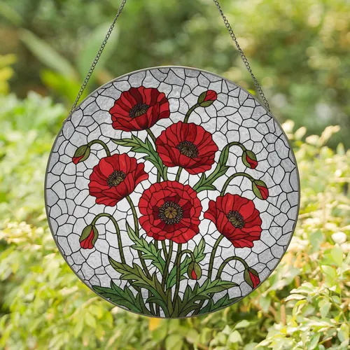 Red Poppies Blossom Leaf Cluster - Living Space Home Decor Gift for Garden Lover Stained Glass Suncatcher