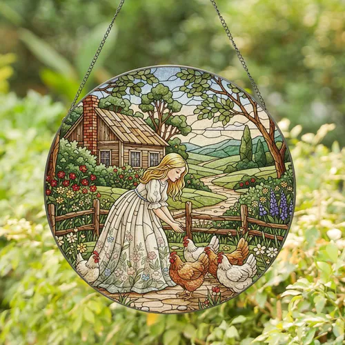 Young Girl Chickens Farm Cabin Wildflowers - Countryside Home Decor Gift Stained Glass Suncatcher
