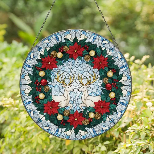 White Deer Christmas Wreath Poinsettia Snowflakes - Christmas Home Decor Gift Stained Glass Suncatcher