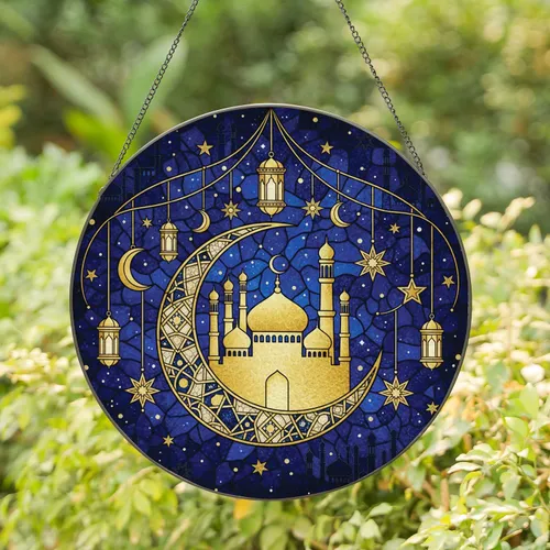 Golden Mosque Crescent Moon Stars Lanterns - Islamic Home Decor Gift Stained Glass Suncatcher