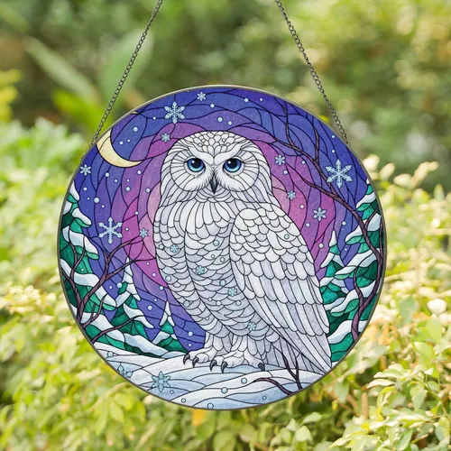 Snowy Owl Winter Night Crescent Moon - Winter Home Decor Gift for Owl Lover Stained Glass Suncatcher