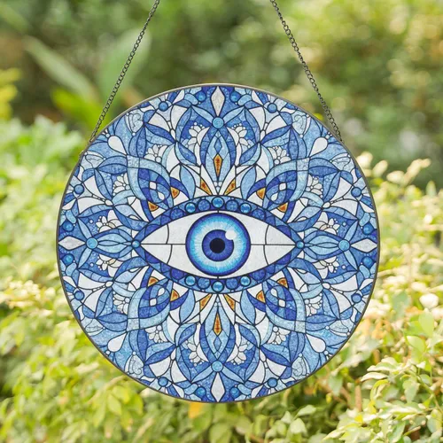 Evil Eye Nazar Petal Teardrop Floral Geometric Amber - Housewarming Home Decor Gift Stained Glass Suncatcher