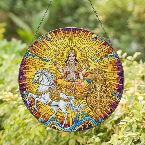 2D Flat - 2D Plane Rotating Surya Chariot Table Decor - Hindu God Sun God Golden Chariot Decoration, Non-Electric Spiritual Decoration Suitable for Diwali, Meditation Space, Home Or Office - Acrylic Tabletop Ornament, Traditional Indian Art Stained Glass Suncatcher