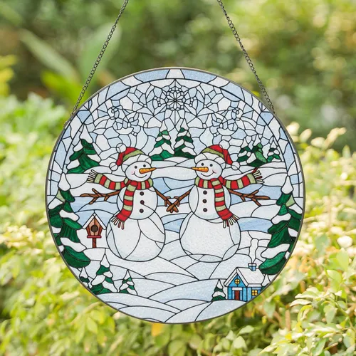 Snowmen Holding Hands Pine Trees Cottage Snowflakes - Christmas Decor Gift for Winter Lovers Stained Glass Suncatcher