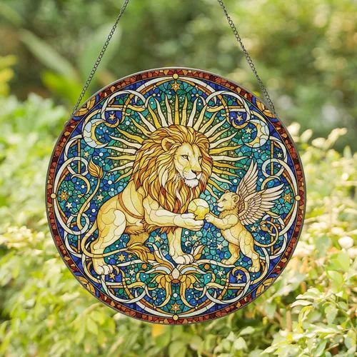 Adult Lion Cub Golden Orb Celestial - Home Decor Gift for Lion Lovers Stained Glass Suncatcher