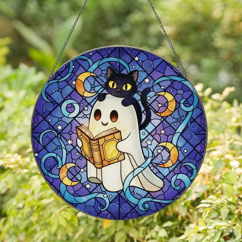 Ghost Cat Luminous Book Stars Moons - Home Decor Gift for Ghost and Cat Lovers Stained Glass Suncatcher