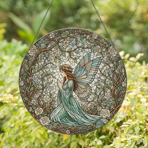 Fairy Kneeling Floral Wreath Woodland - Home Decor Gift for Fairy Lover Stained Glass Suncatcher