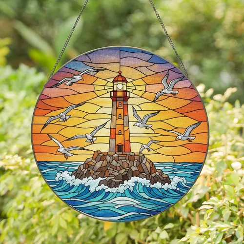 Lighthouse Seagulls Ocean Sunset - Home Decor Gift for Ocean Lover Stained Glass Suncatcher