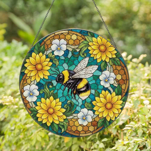 Bumblebee Honeycomb Dahlias Daisies Pansy Flowers - Home Decor Gift for Garden Lover Stained Glass Suncatcher