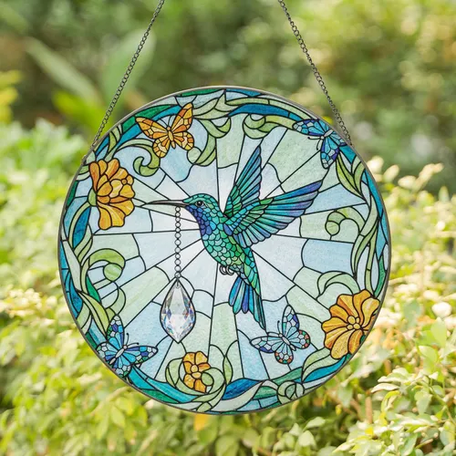 Iridescent Hummingbird Teardrop Pendant Floral Butterflies Home Decor Gift Stained Glass Suncatcher