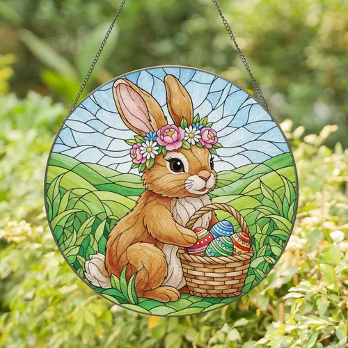 Brown Bunny Floral Crown Easter Eggs - Easter Gift for Bunny Lovers Stained Glass Suncatcher