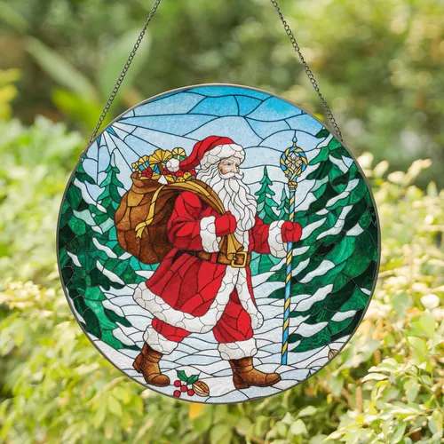 Traditional Santa Claus Pine Forest Gingerbread Star - Holiday Home Decor Gift Stained Glass Suncatcher