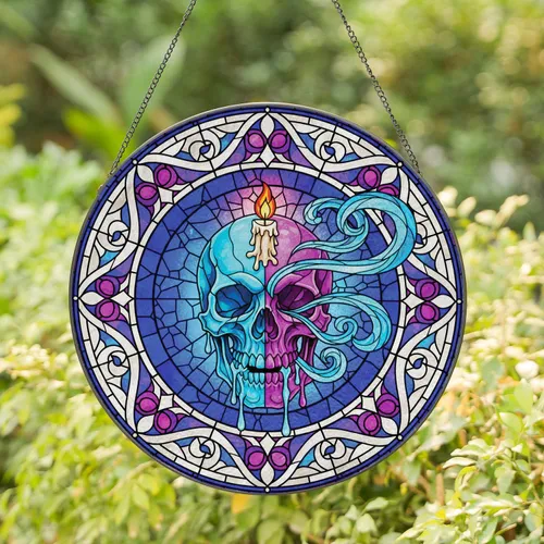 Skull Candle Flame Mosaic with Pearlescent Border - Home Decor Gift Stained Glass Suncatcher