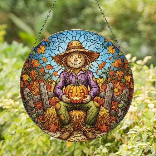Friendly Scarecrow Jack-o-Lantern - Halloween Party Home Decor Gift for Fall Lover Stained Glass Suncatcher
