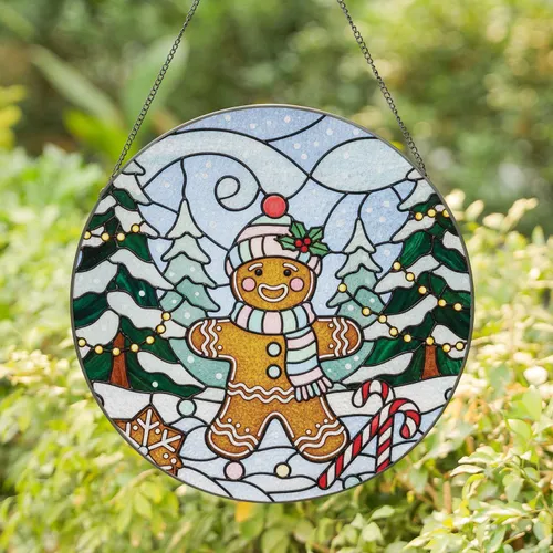 Gingerbread Man Snowflake Candy Cane Winter Wonderland - Christmas Gift Stained Glass Suncatcher