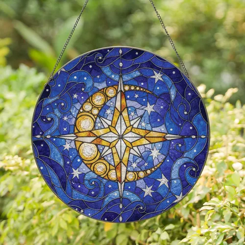 Golden Crescent Moon Four-Pointed Star Starry Night Celestial Field - Home Decor Gift Stained Glass Suncatcher